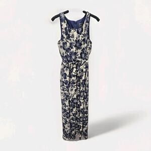 JH Collection Maxi Dress Cream & Navy Floral Sleeveless Lined Belted Dress Sz 10